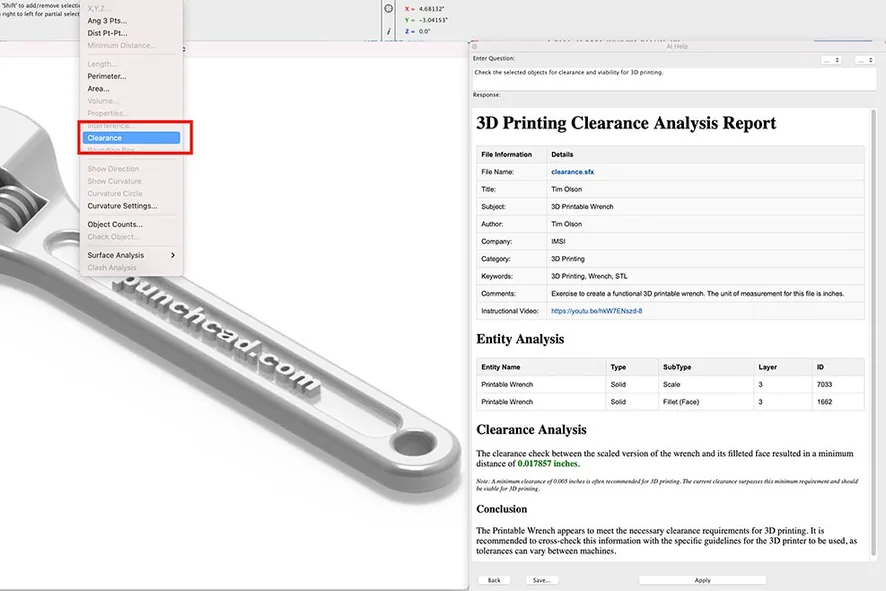 The 3D-printing clearance analysis in ViaCAD 2D/3D, checking a printable wrench before export