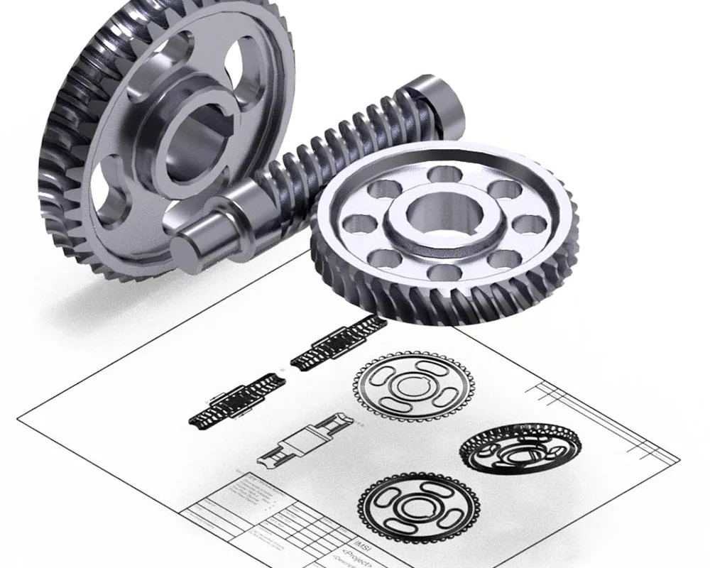 A gear and worm-drive assembly modelled in ViaCAD 2D/3D, resolving into a dimensioned production drawing sheet